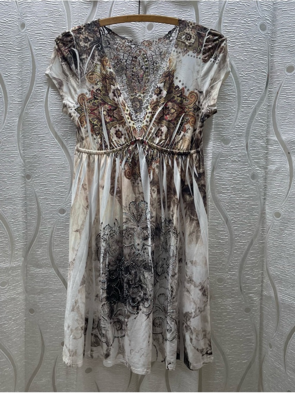 S-Twelve Dress Women Small Cream Brown Boho Rhinestone Lace Crochet V-Neck Exc